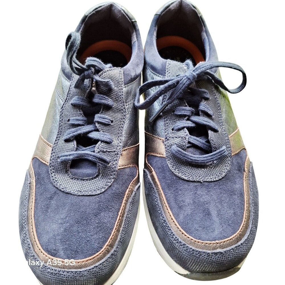 Rockport Women's 9XW Navy Blue Leather Sneakers Wide Fit Gold Glittery Comfort